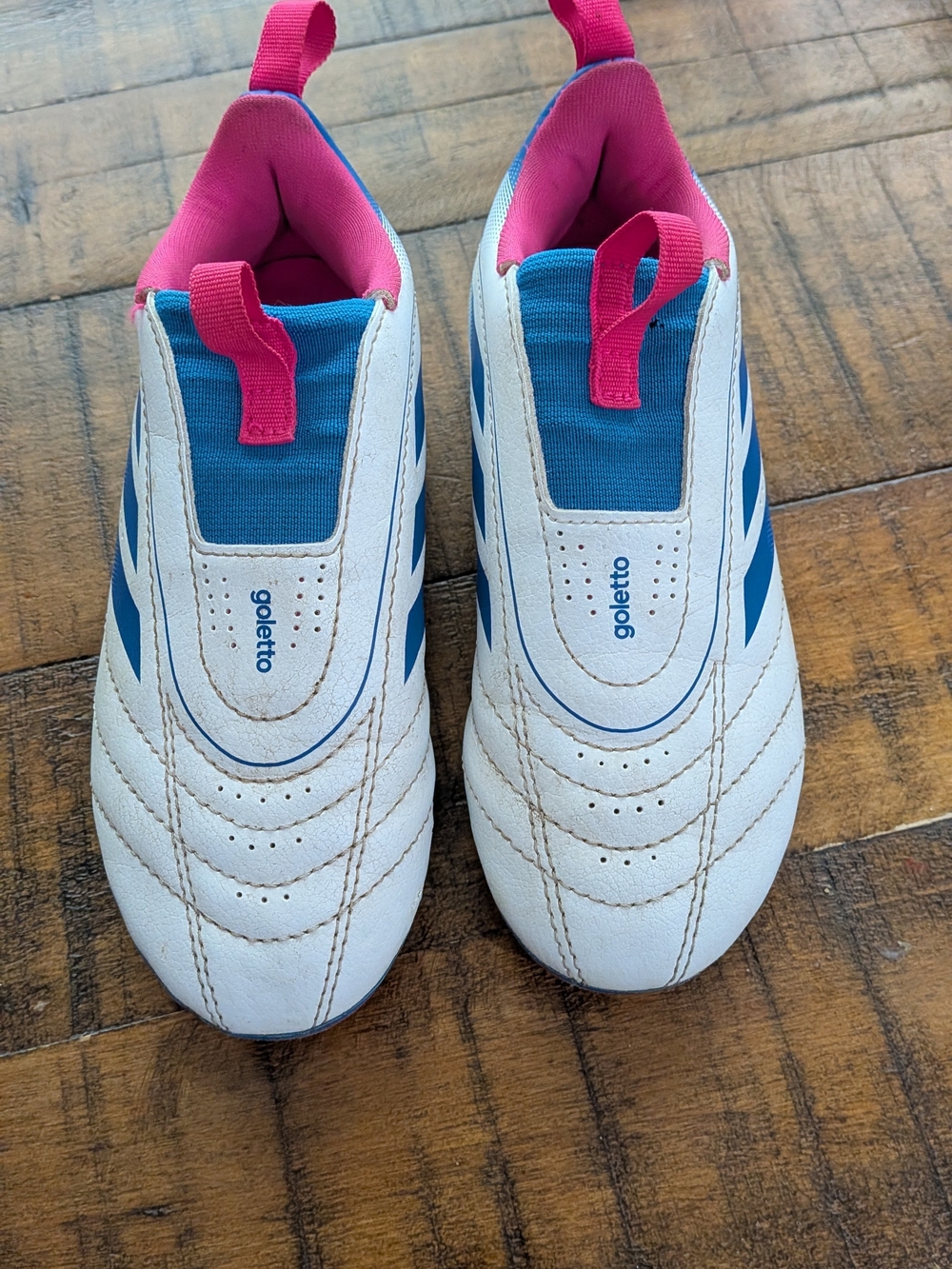 adidas Kids White Soccer Cleats with Blue Stripes and Pink Accents, Toddler 11